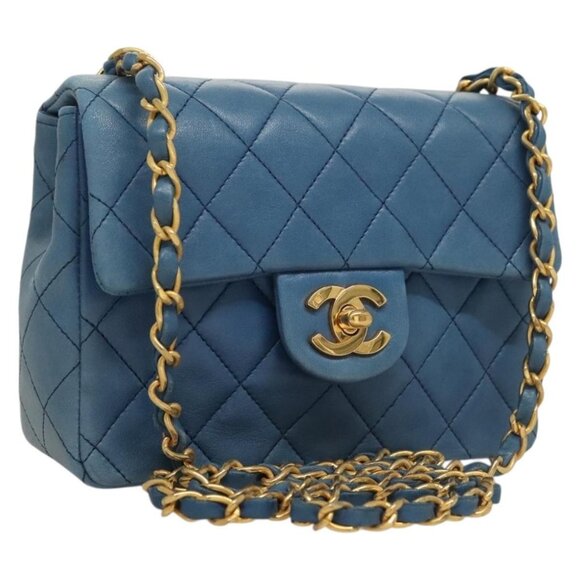 CHANEL Matelasse Chain Shoulder Bag Lamb Skin Blue Gold CC Auth 132613 - Picture 1 of 16